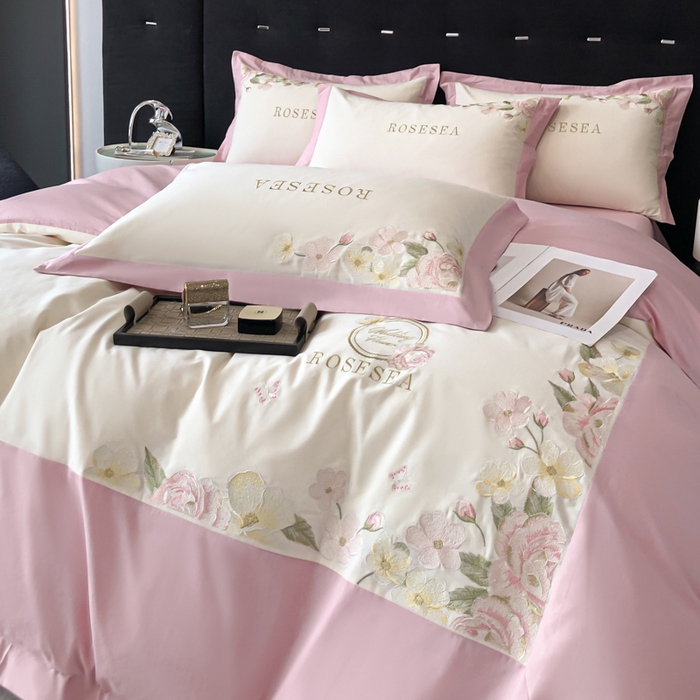 91家纺网 家纺一手货源 找家纺 安妮家居 2023新款舒适亲肤全棉磨毛刺绣四件套-妮莎 妮莎-奶白粉