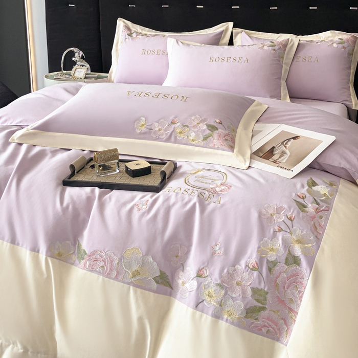 91家纺网 家纺一手货源 找家纺 安妮家居 2023新款舒适亲肤全棉磨毛刺绣四件套-妮莎 妮莎-雅紫