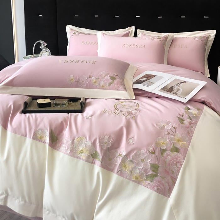 91家纺网 家纺一手货源 找家纺 安妮家居 2023新款舒适亲肤全棉磨毛刺绣四件套-妮莎 妮莎-雅粉