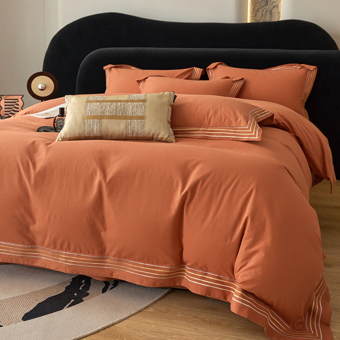 91家纺网 家纺一手货源 找家纺 安妮家居 2023新款全棉轻磨毛刺绣四件套-奥斯汀 爱玛橙