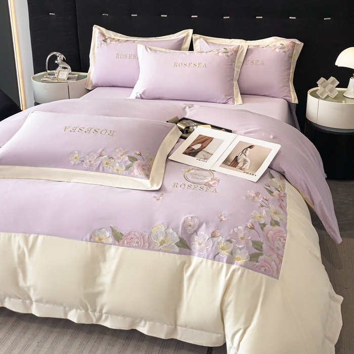 91家纺网 家纺一手货源 找家纺 安妮家居 2023新款舒适亲肤全棉磨毛刺绣四件套-妮莎 妮莎-雅紫