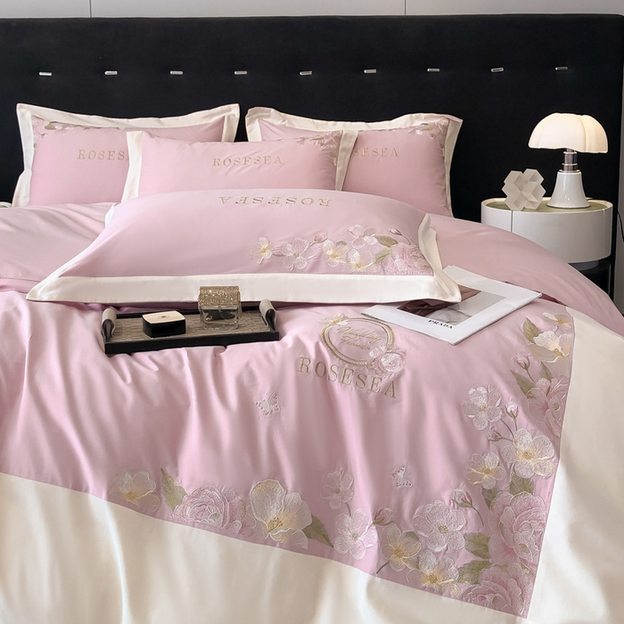 91家纺网 家纺一手货源 找家纺 安妮家居 2023新款舒适亲肤全棉磨毛刺绣四件套-妮莎 妮莎-雅粉