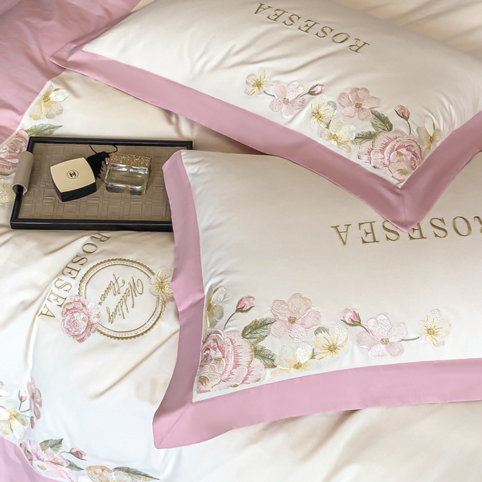 91家纺网 家纺一手货源 找家纺 安妮家居 2023新款舒适亲肤全棉磨毛刺绣四件套-妮莎 妮莎-奶白粉