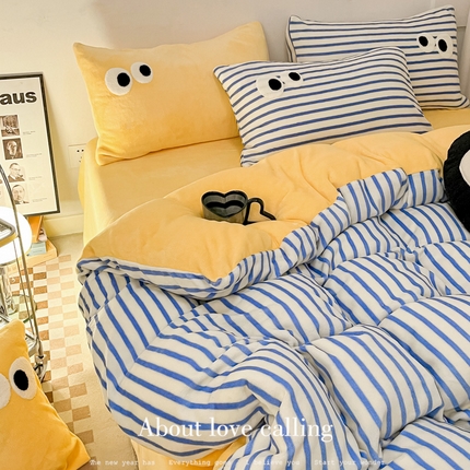 91家纺网 家纺一手货源 找家纺 （总）如一 2023新款多巴胺韩式ins毛巾绣混搭条纹牛奶绒四件套