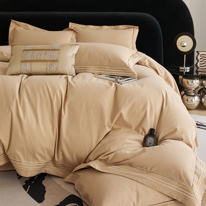 91家纺网 家纺一手货源 找家纺 安妮家居 2023新款全棉轻磨毛刺绣四件套-奥斯汀 香槟金