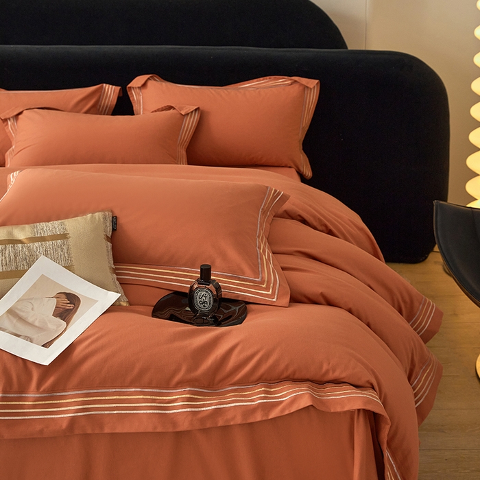 91家纺网 家纺一手货源 找家纺 安妮家居 2023新款全棉轻磨毛刺绣四件套-奥斯汀 爱玛橙