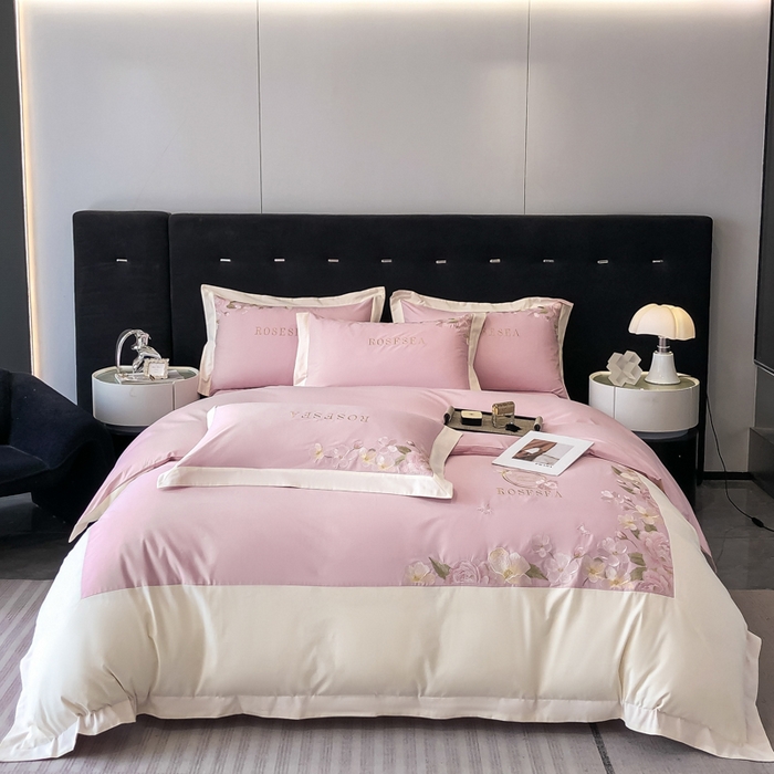 91家纺网 家纺一手货源 找家纺 安妮家居 2023新款舒适亲肤全棉磨毛刺绣四件套-妮莎 妮莎-雅粉