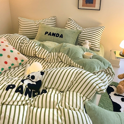 91家纺网 家纺一手货源 找家纺 （总）如一 2023新款多巴胺韩式ins毛巾绣混搭条纹牛奶绒四件套