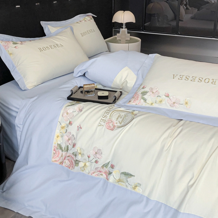 91家纺网 家纺一手货源 找家纺 安妮家居 2023新款舒适亲肤全棉磨毛刺绣四件套-妮莎 妮莎-雅蓝