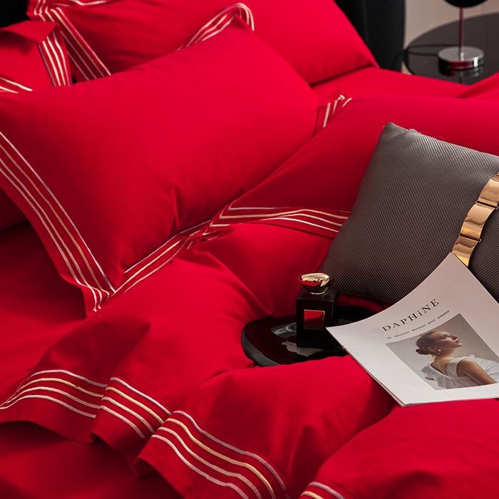 91家纺网 家纺一手货源 找家纺 安妮家居 2023新款全棉轻磨毛刺绣四件套-奥斯汀 富贵红