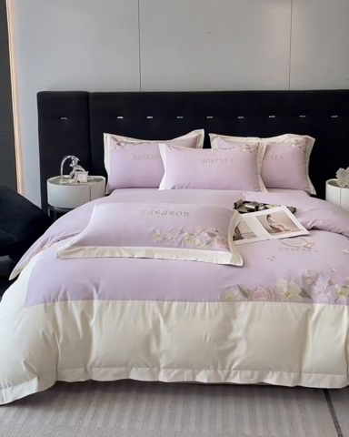 91家纺网 家纺一手货源 找家纺 安妮家居 2023新款舒适亲肤全棉磨毛刺绣四件套-妮莎 妮莎-雅紫