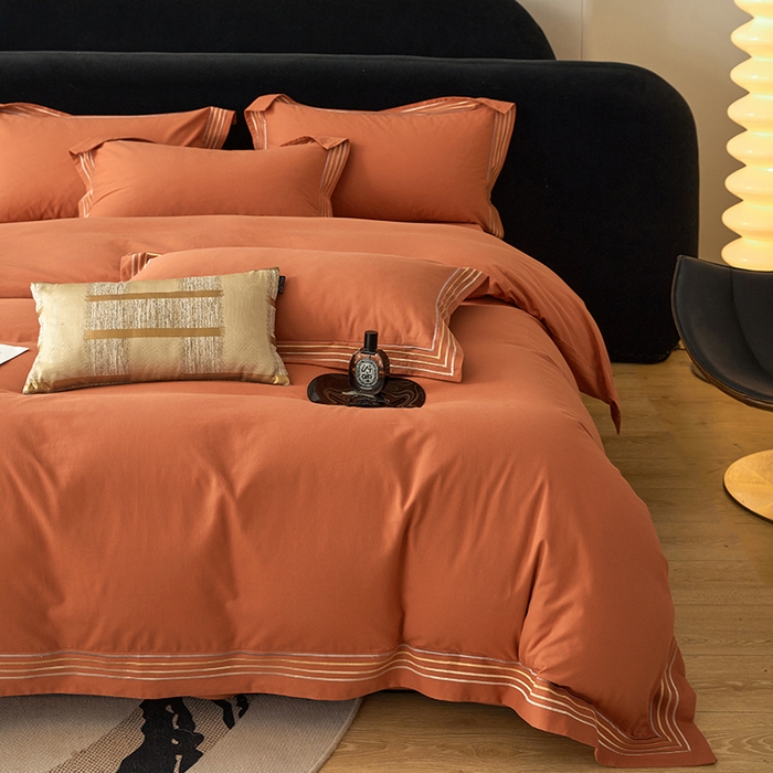 91家纺网 家纺一手货源 找家纺 安妮家居 2023新款全棉轻磨毛刺绣四件套-奥斯汀 爱玛橙