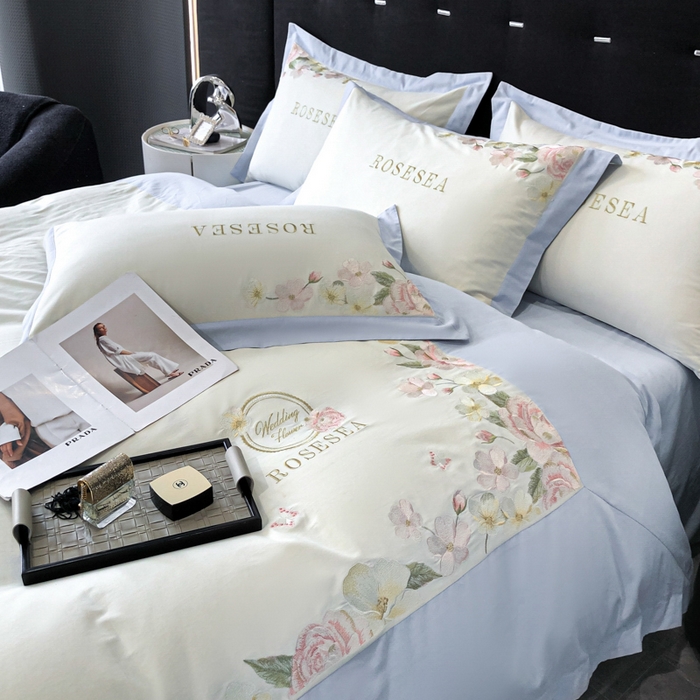 91家纺网 家纺一手货源 找家纺 安妮家居 2023新款舒适亲肤全棉磨毛刺绣四件套-妮莎 妮莎-雅蓝