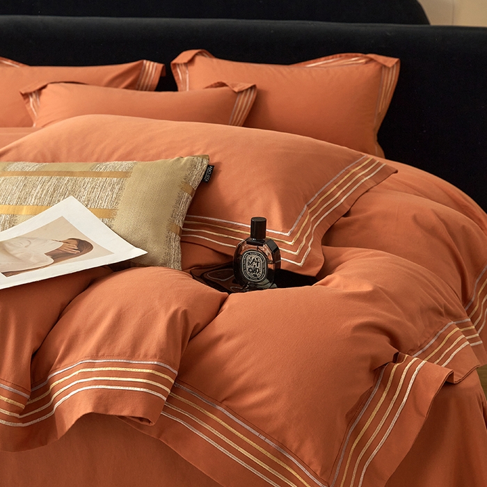 91家纺网 家纺一手货源 找家纺 安妮家居 2023新款全棉轻磨毛刺绣四件套-奥斯汀 爱玛橙