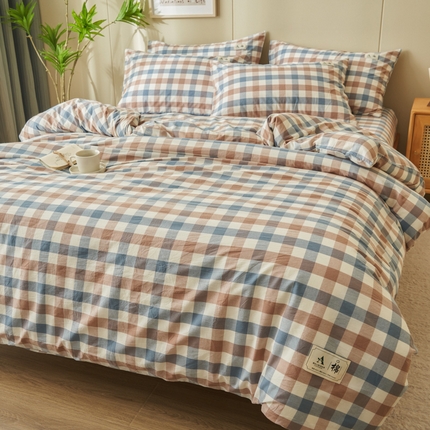 21度C 2024新款全棉色织水洗被套 蓝咖格