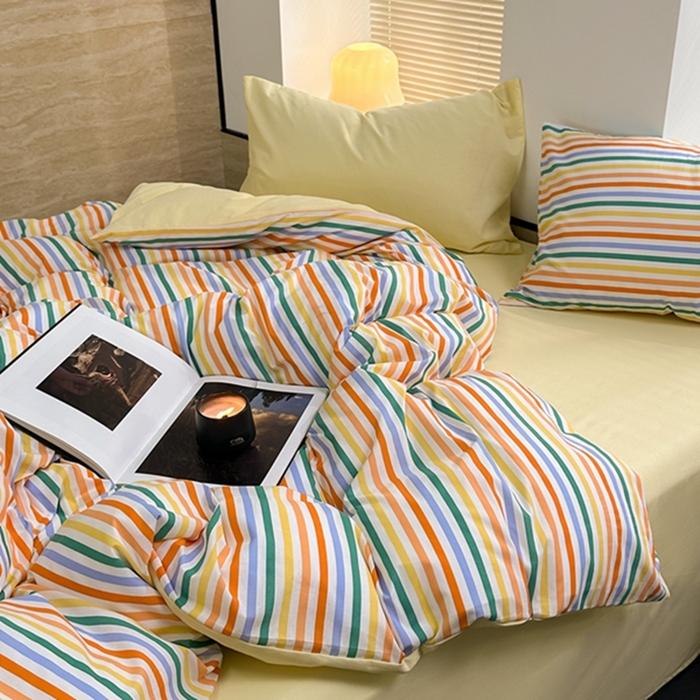 91家纺网 家纺一手货源 找家纺 （总）洋铭区（原狠狠爱） 2023新款全棉水洗棉多巴胺条纹四件套