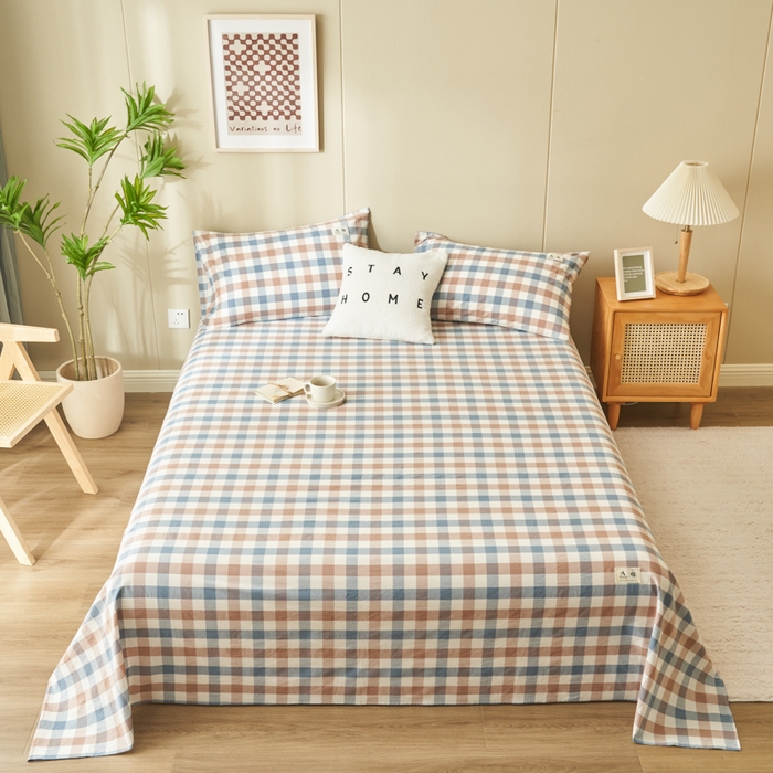 91家纺网 家纺一手货源 找家纺 21度C 2024新款全棉色织水洗床单 蓝咖格