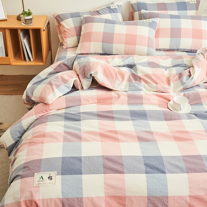 91家纺网 家纺一手货源 找家纺 21度C 2024新款全棉色织水洗被套 格韵粉