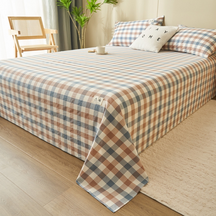 91家纺网 家纺一手货源 找家纺 21度C 2024新款全棉色织水洗床单 蓝咖格