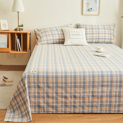 21度C 2024新款全棉色织水洗床单 七分格蓝