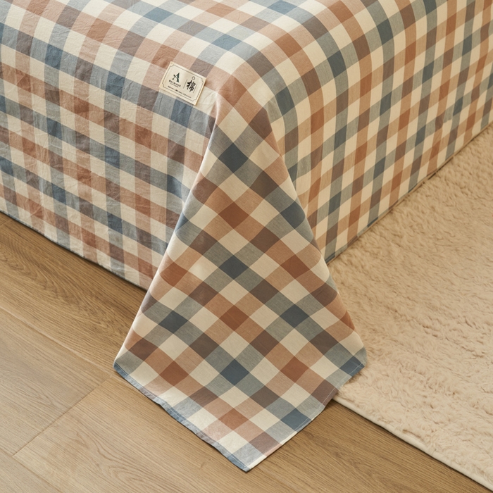 91家纺网 家纺一手货源 找家纺 21度C 2024新款全棉色织水洗床单 蓝咖格