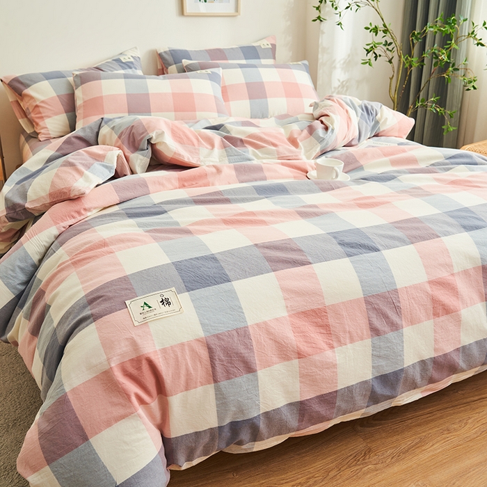 91家纺网 家纺一手货源 找家纺 21度C 2024新款全棉色织水洗被套 格韵粉