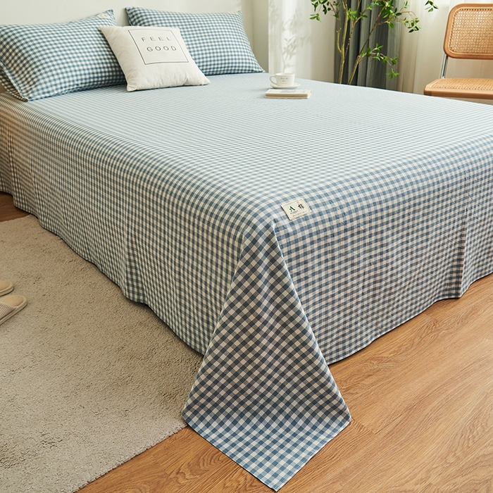 91家纺网 家纺一手货源 找家纺 21度C 2024新款全棉色织水洗床单 蓝小格