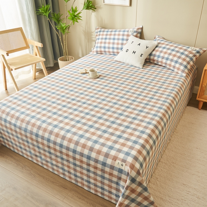 91家纺网 家纺一手货源 找家纺 21度C 2024新款全棉色织水洗床单 蓝咖格