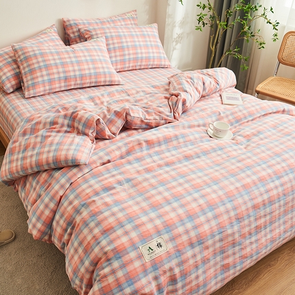 21度C 2024新款全棉色织水洗被套 七分格粉