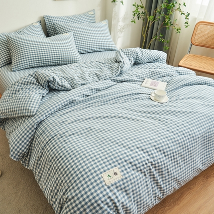 21度C 2024新款全棉色织水洗被套 浅蓝小格