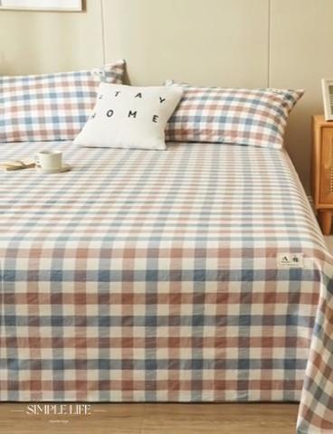 91家纺网 家纺一手货源 找家纺 21度C 2024新款全棉色织水洗床单 蓝咖格