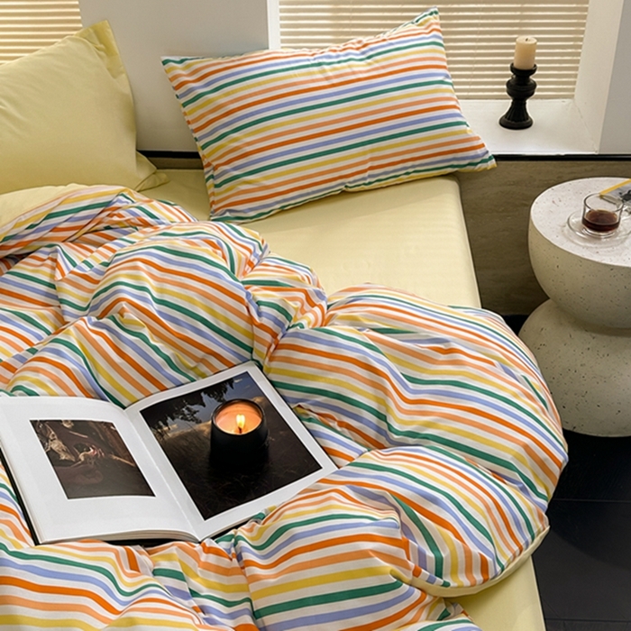 91家纺网 家纺一手货源 找家纺 （总）洋铭区（原狠狠爱） 2023新款全棉水洗棉多巴胺条纹四件套