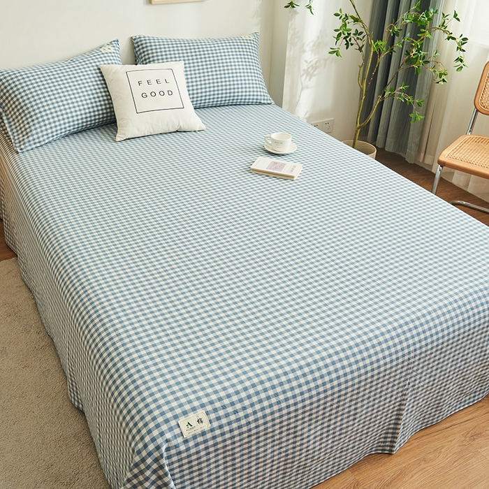 91家纺网 家纺一手货源 找家纺 21度C 2024新款全棉色织水洗床单 蓝小格