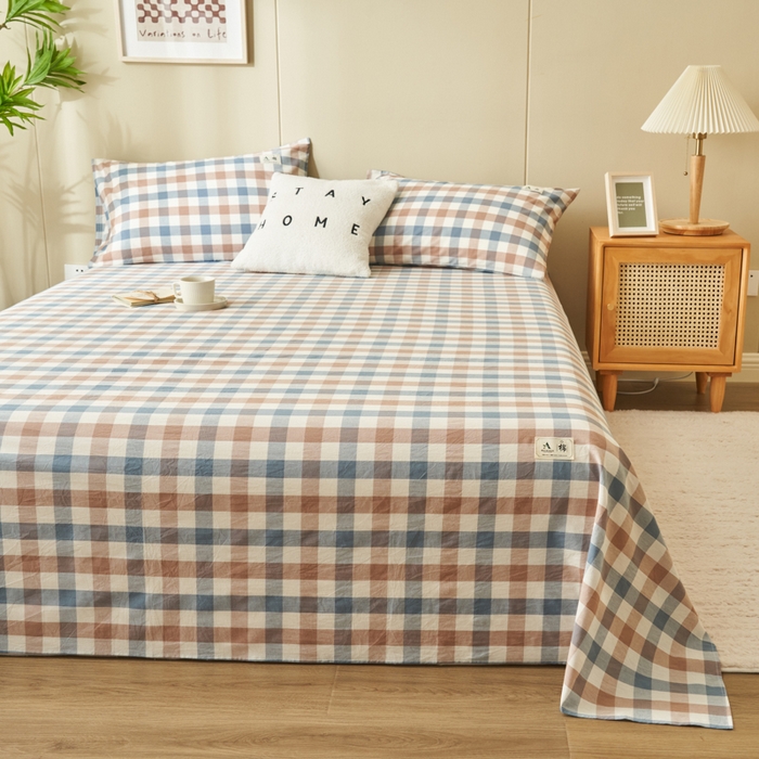 91家纺网 家纺一手货源 找家纺 21度C 2024新款全棉色织水洗床单 蓝咖格