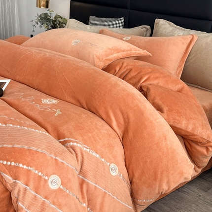 丝涟家居 2023牛奶绒绣花四件套-山茶花 橙色