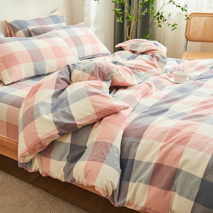 91家纺网 家纺一手货源 找家纺 21度C 2024新款全棉色织水洗被套 格韵粉