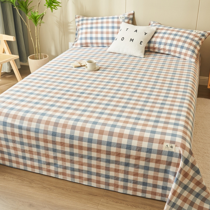 91家纺网 家纺一手货源 找家纺 21度C 2024新款全棉色织水洗床单 蓝咖格