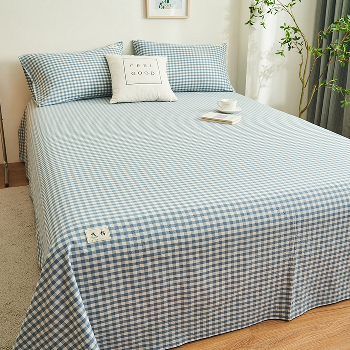 91家纺网 家纺一手货源 找家纺 21度C 2024新款全棉色织水洗床单 蓝小格