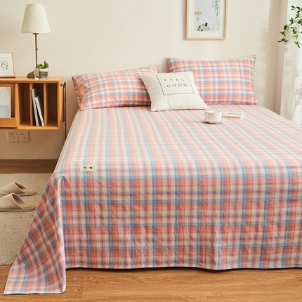 21度C 2024新款全棉色织水洗床单 七分格粉