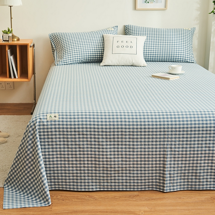 91家纺网 家纺一手货源 找家纺 21度C 2024新款全棉色织水洗床单 蓝小格