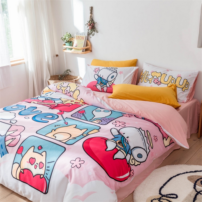 91家纺网 家纺一手货源 找家纺 璞素家居 2023新款可爱卡通动漫二次元插画涂鸦风聚酯纤维四件套 桃花朵朵