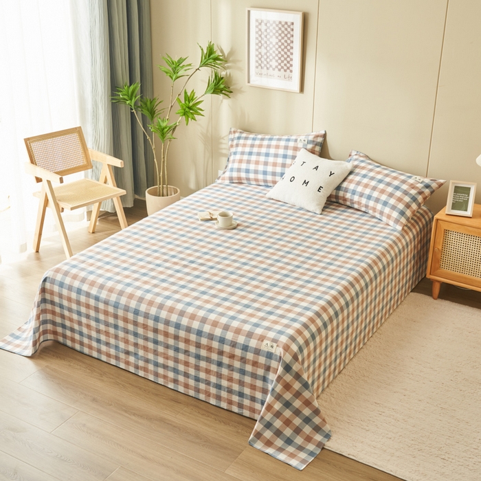 91家纺网 家纺一手货源 找家纺 21度C 2024新款全棉色织水洗床单 蓝咖格