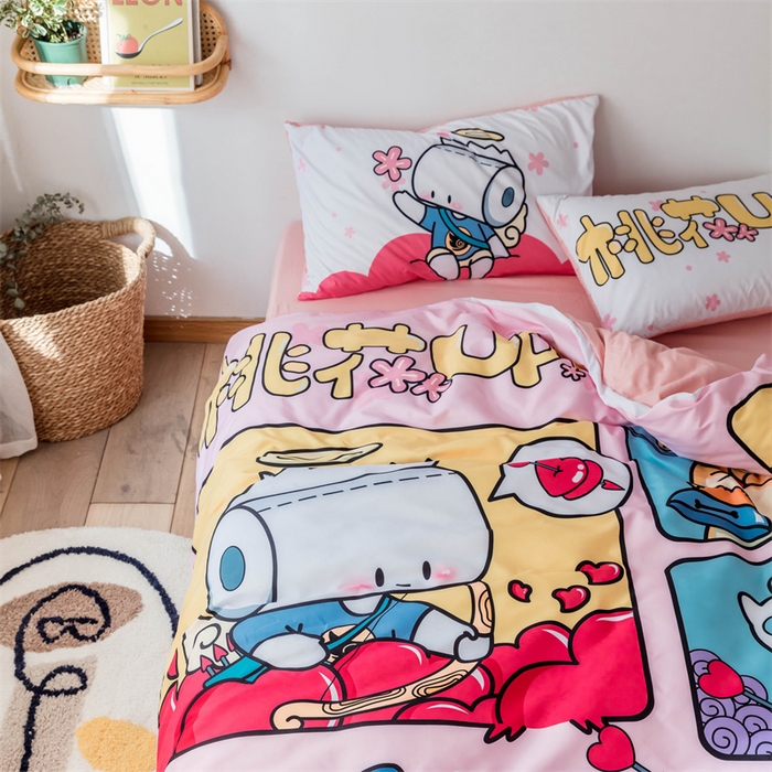 91家纺网 家纺一手货源 找家纺 璞素家居 2023新款可爱卡通动漫二次元插画涂鸦风聚酯纤维四件套 桃花朵朵