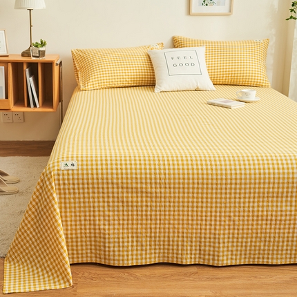 21度C 2024新款全棉色织水洗床单 浅黄小格