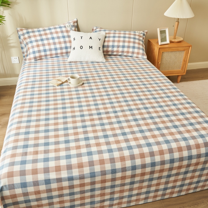 91家纺网 家纺一手货源 找家纺 21度C 2024新款全棉色织水洗床单 蓝咖格