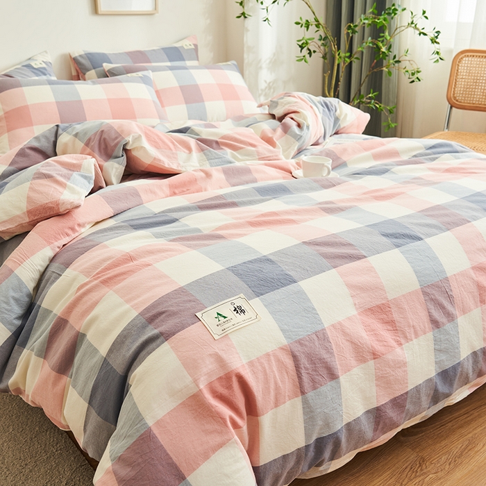 91家纺网 家纺一手货源 找家纺 21度C 2024新款全棉色织水洗被套 格韵粉