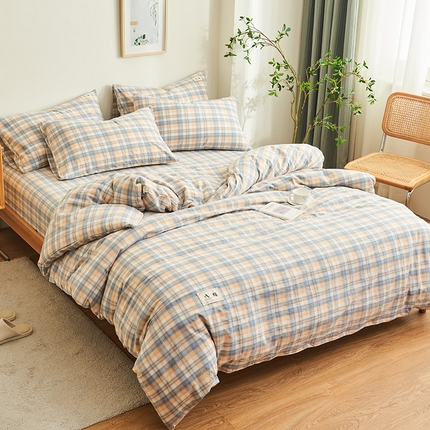 21度C 2024新款全棉色织水洗被套 七分格蓝