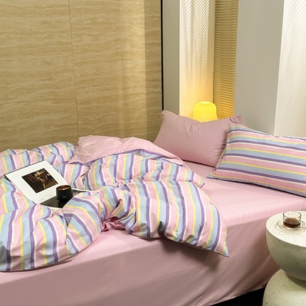 洋铭区（原狠狠爱） 2023新款全棉水洗棉多巴胺条纹四件套 多巴胺紫粉条