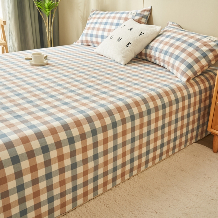 91家纺网 家纺一手货源 找家纺 21度C 2024新款全棉色织水洗床单 蓝咖格