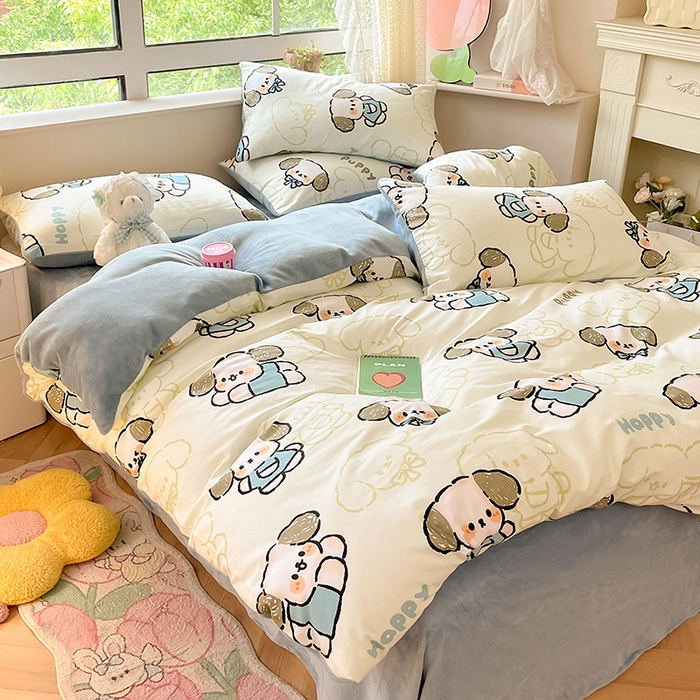 91家纺网 家纺一手货源 找家纺 麦伦家居 2023秋冬新品多功能床品全棉加牛奶绒四件套 哈皮狗